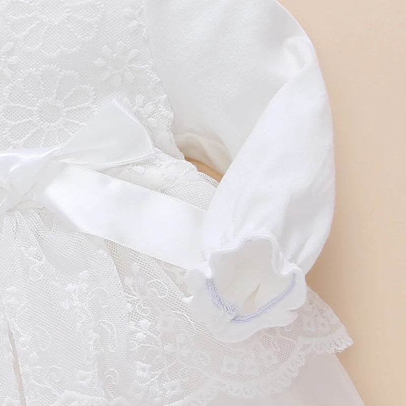 فستان طفلة حديث الولادة من Vestido Infantil Bebe فستان أبيض من الدانتيل لحفلات الزفاف وأكمام طويلة للفتيات المعمودية بعمر سنة واحدة