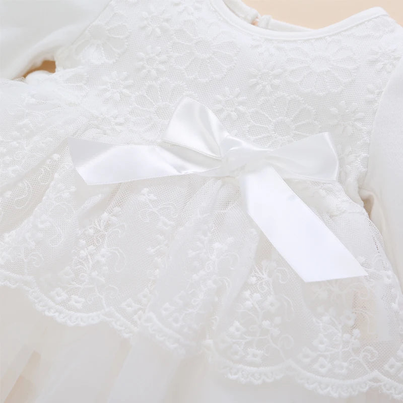 فستان طفلة حديث الولادة من Vestido Infantil Bebe فستان أبيض من الدانتيل لحفلات الزفاف وأكمام طويلة للفتيات المعمودية بعمر سنة واحدة
